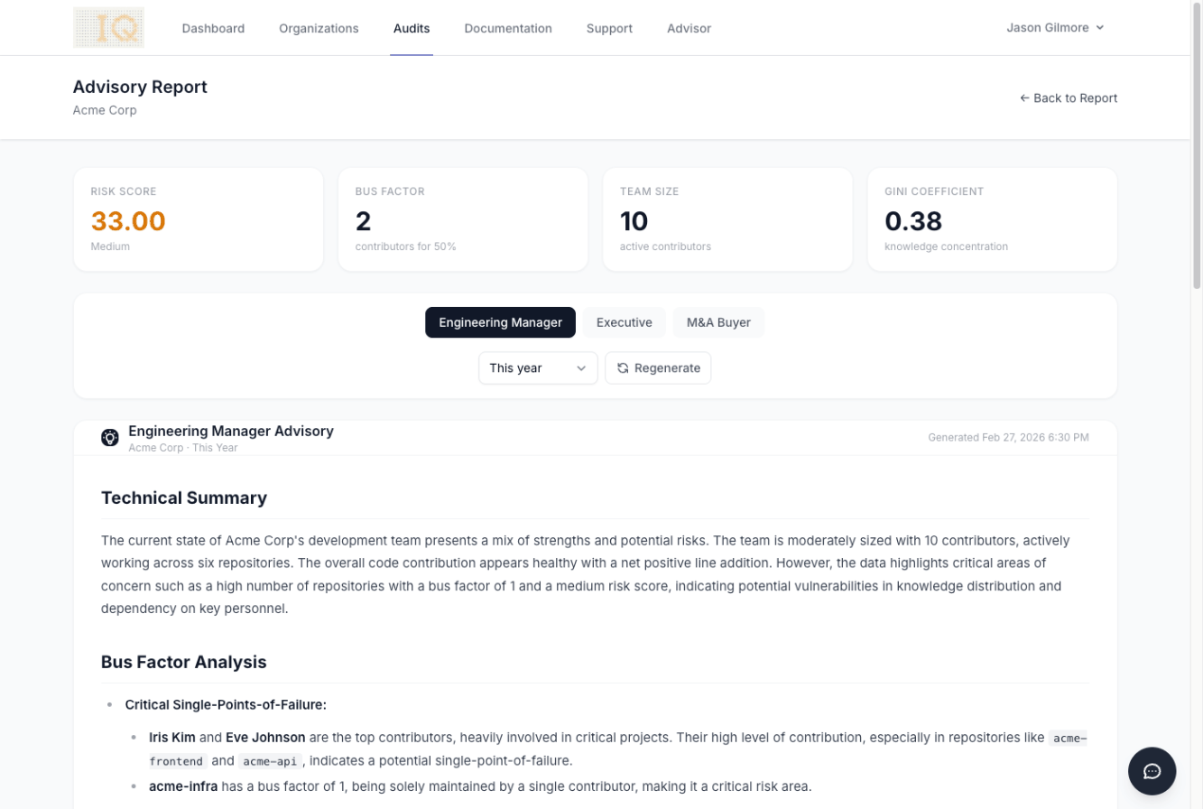 Engineering Manager Advisory Report showing technical summary, bus factor analysis, and actionable recommendations for Acme Corp