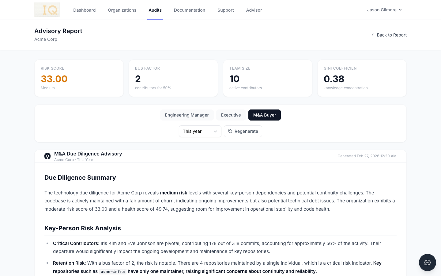ContributorIQ M&A Advisory Report showing engineering risk metrics for due diligence
