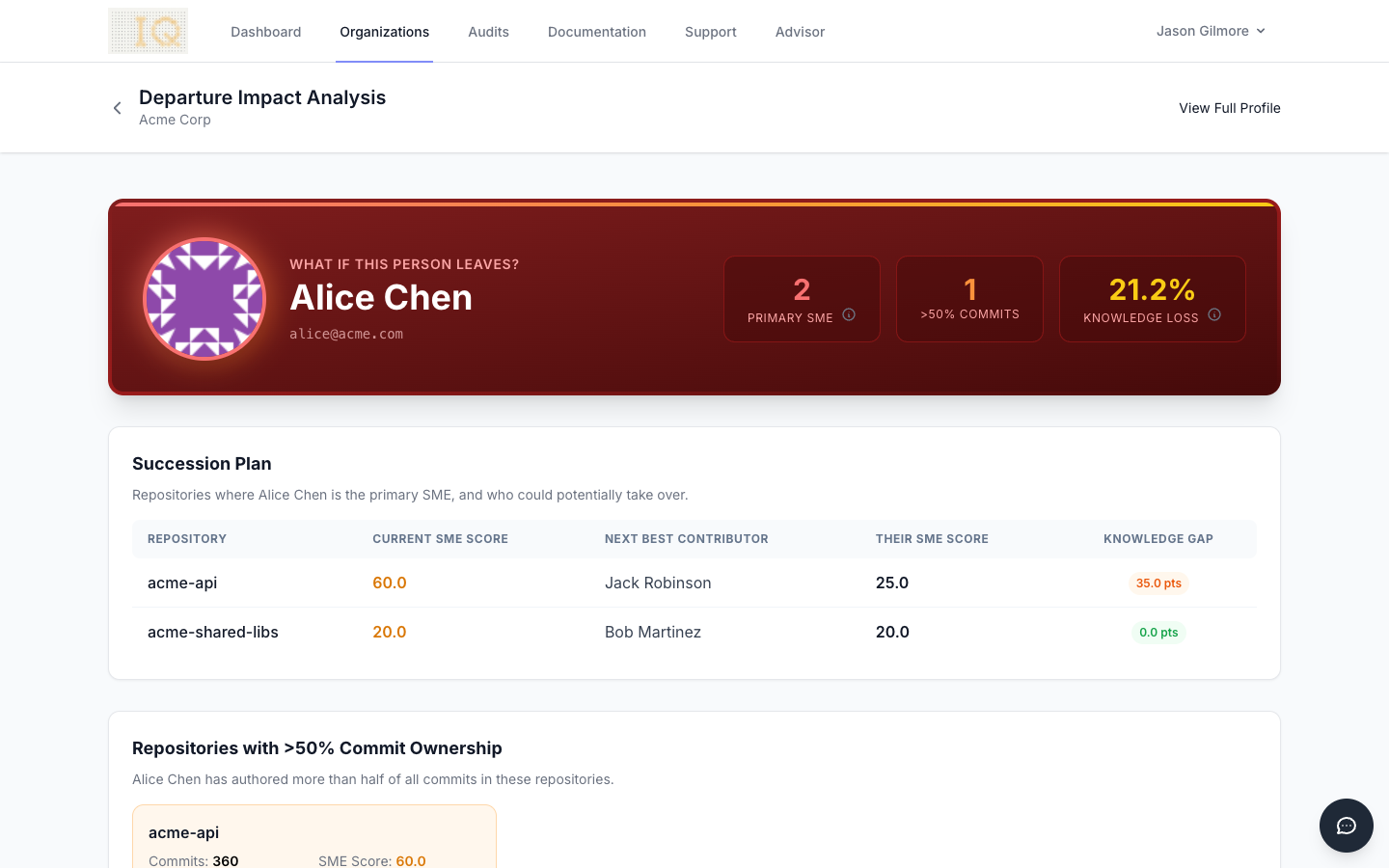 Departure impact analysis showing the organizational effect of a specific contributor leaving, including affected repositories and orphaned files