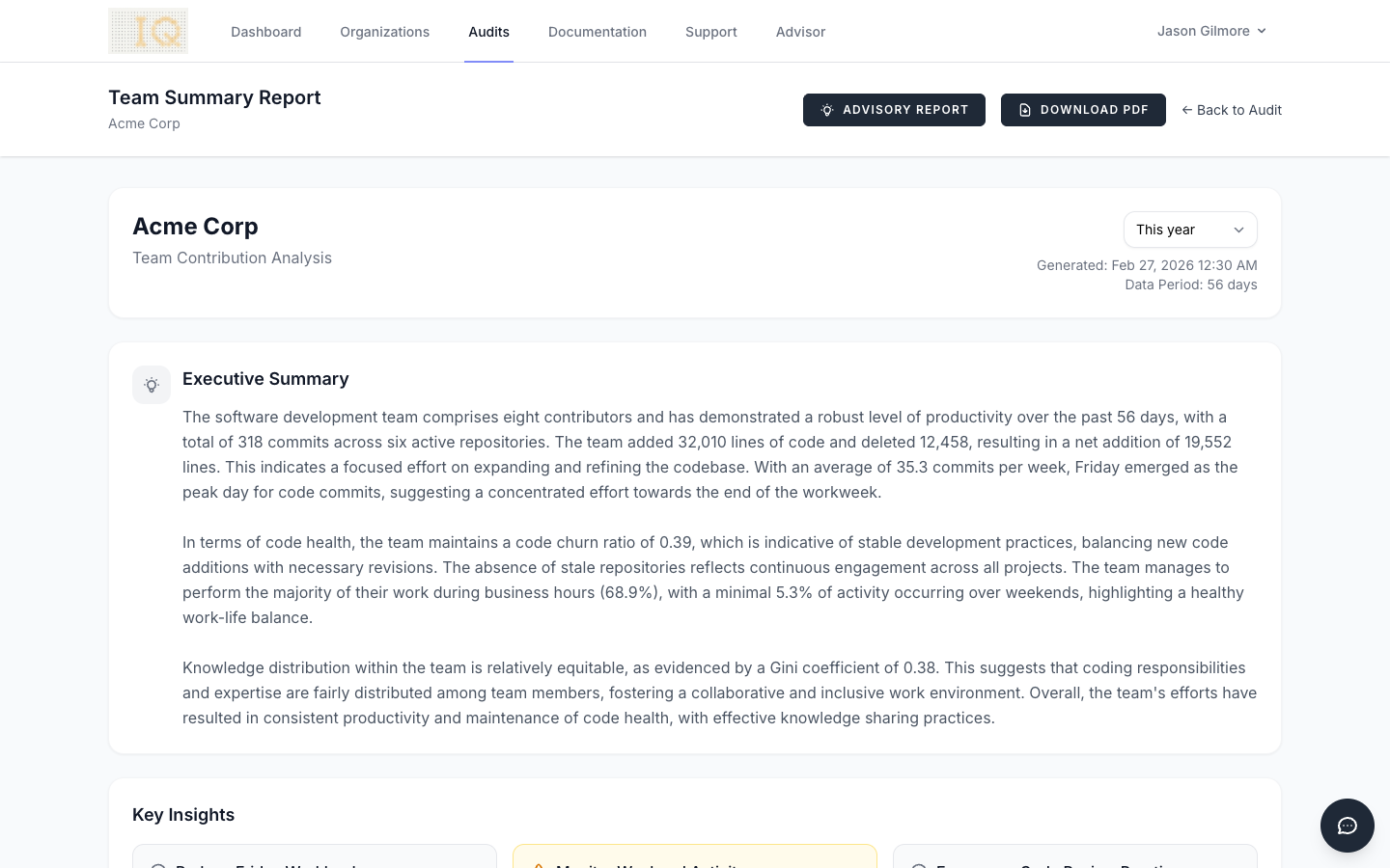 Team summary overview in ContributorIQ showing Gini coefficient, contributor counts, and overall health scores